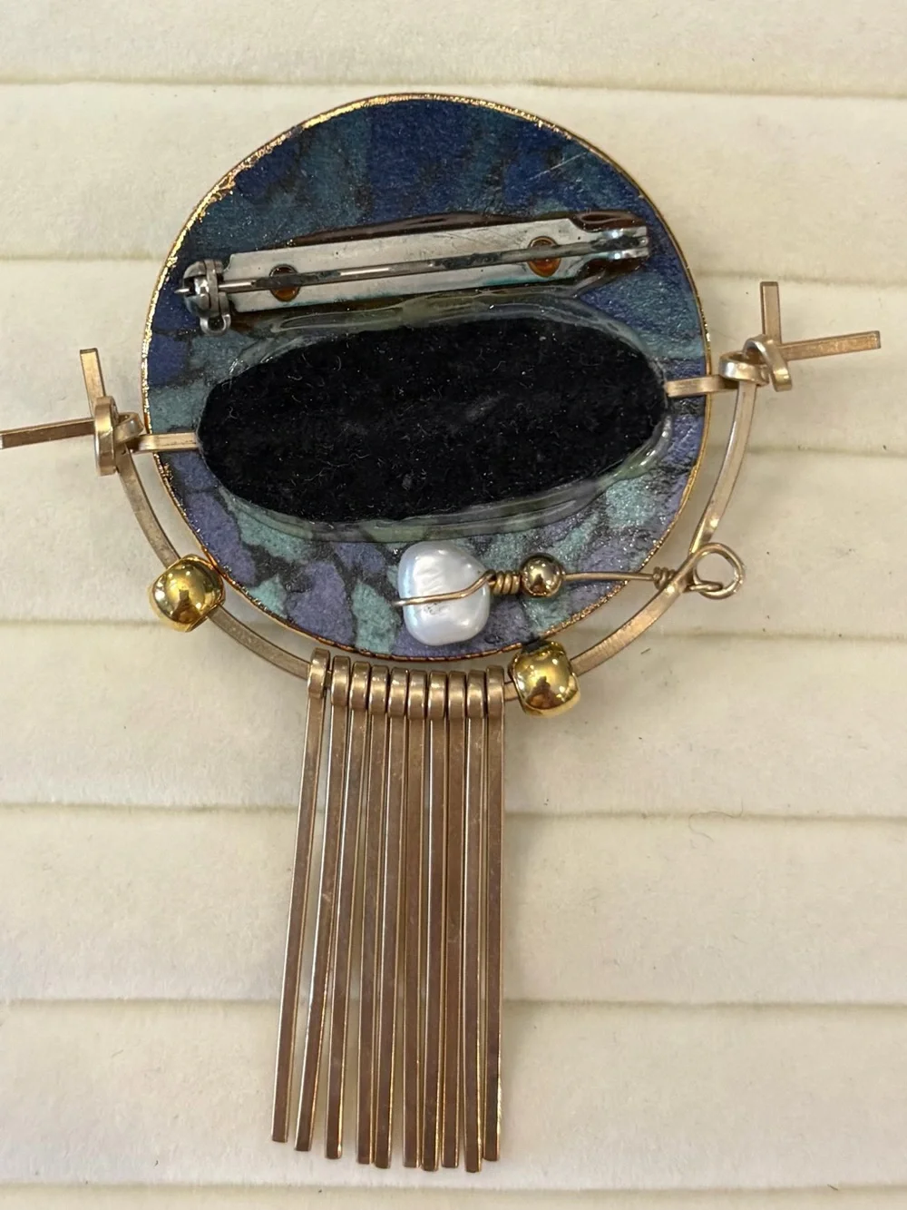 Vintage Glass Mosaics Look Glass Brooch Pin Metal Dangle Pins White Stone UNIQUE